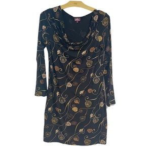 Salaam Medium Black Long Sleeve Slouchy Neck Dress Medium Floral Swirls